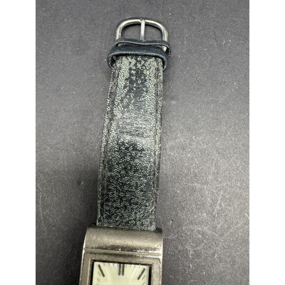 White Pearlized Dial Silver Tone Rectangle Case Black Leather Band Watch main image 5